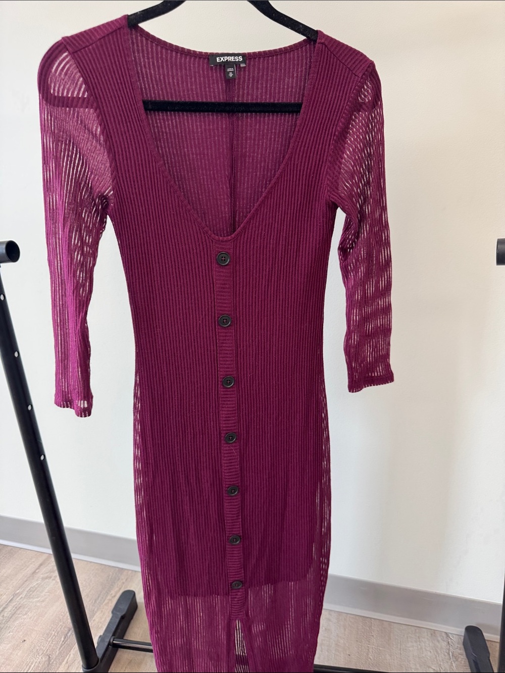 Express Plum Ribbed Button-Front Midi Dress